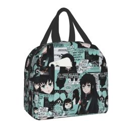 Bags Cute Anime Muichiro Tokito Insulated Lunch Bag for Women Kimetsu No Yaiba Cooler Thermal Bento Box School Food Storage Bag