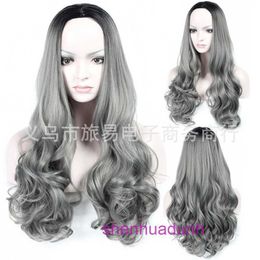 Designer human wigs hair for women Womens new synthetic wig with gradient black grandma Grey fashionable long curly headband