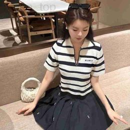 Women's Knits & Tees Designer High version MIU knitted women's 24 early spring black and white striped letter embroidered polo shirt short sleeved top J2RK