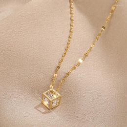 Pendant Necklaces Classic Zircon Crystal Inside Hollow Square Stainless Steel Necklace For Women Korean Fashion Sexy Female Clavicle Chain