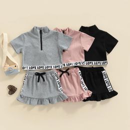 Clothing Sets 1-5Years Girl's Two-Piece Suit Toddler Kid Girl Letter Pattern Short Sleeve Front Zipper Tops Ruffle Hem Mini Skirt