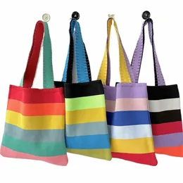 rainbow Striped Handbag New Y2k Korean Style Shoulder Bag Knit Cute Beach Bag Eco Friendly Shopper Tote V42B#