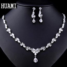 Necklaces HUAMI Pendant Necklace for Girls Fine Jewellery Sets Bridal Water Drop Earrings Flower Chian Metal Silver Colour Banquet Costum