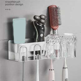 Heads Wall Mounted Toothbrush Rack Aluminium Alloy Toothpaste Storage Rack Mouthwash Cup Holder Space Saving Bathroom Organiser