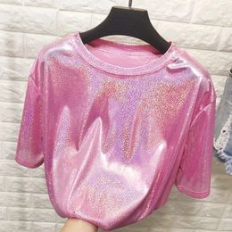 summer retro style stylish bright silk woman tops shiny loose short sleeve tshirt sexy club aesthetic harajuku women 240417