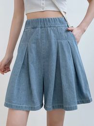 SURMIITRO S-5XL 2024 Summer Korean Fashion Blue Mini Denim Pleated Shorts Skirt Women High Waist A Line Short Pants Jeans Female 240409