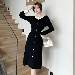 Casual Dresses Pearl Black Knit Dress Women Autumn Winter Korean Beading Elegant Long Party Vestidos Robe Vintage Female A-Line Q783