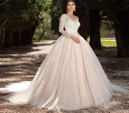 Tulle Long Sleeve Blush Color Wedding Dress VNeck Ball Gown Appliques Lace casamento Bridal Gowns Illusion Back vestido de noiva9288325