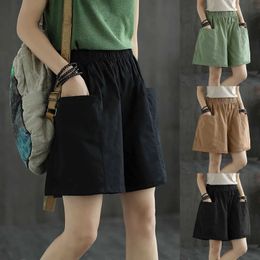 Women's Pants Capris WomenS Cotton Linen Shorts With Pockets Casual Bermuda Shorts Elastic Waist Kn Length Trousers Japanese Style Female Clothes Y240422