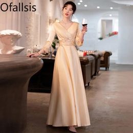 Casual Dresses Ofallsis V Neck Long Sleeve Sequins Evening Dress 2024 Autumn Banquet Chinese Simple Annual Meeting Toast Engagement