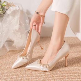 Dress Shoes Fashion Pearls Nude White Wedding Women Pumps 2024 Design Elegant Pointed Toe Stiletto High Heels Prom Sandals