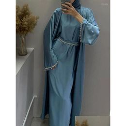 Ethnic Clothing Satin Open Abaya Beads Kimono Muslim Dress Plain Abayas For Women Dubai Luxury Turkey Party Kaftan Robe Ramadan Drop D Otzw4