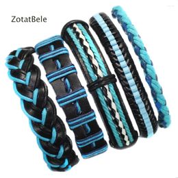 Charm Bracelets 5Pcs/lot Handmade Blue Leather Multilayer Braid Wrap Bangles Male Rope Chain Wholesale Men Jewellery F36