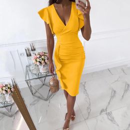 Casual Dresses Sexy Deep V-Neck Slim Ruched Bodycon Office Lady Dress Women Summer Ruffles Short Sleeve Party Elegant Work