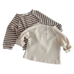 T-shirts 2022 Spring New Baby Boys Waffle Loose Long Sleeve Striped T Shirts Infant Kids Girls Cotton Raglan Sleeve Tops