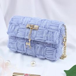 Shoulder Bags Knitted Totes Purses And Handbags For Women 2024 Fashion Girl Female Shopper Casual DIY Handmade Ribbon Grid Chain Crossbody