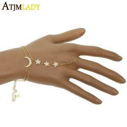 Bracelets 925 sterling silver slave bracelets gold Colour Wristlet bracelet with ring double layer cz paved moon star charm Jewellery