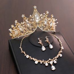 Necklaces Gold Color Floral Crystal Bridal Jewelry Sets Tiaras Pageant Crowns Earrings Necklace Women prom Party Wedding Dress Jewelry Set