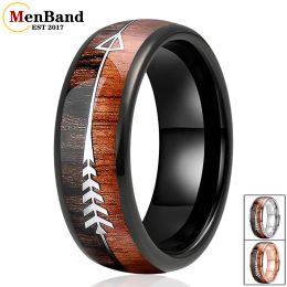 Bands MenBand Fashion 6/8MM Black Tungsten Carbide Wedding Band Ring Two Different Koa Wood And Arrow Inlay Dome Polishing Comfort Fit
