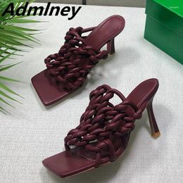 Slippers Summer Woven High Heels Runway Woman Slipper Open Toe Real Leather Purple Golden Banquet 2024 Designer Sandals