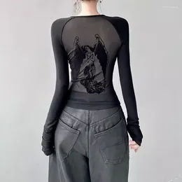 Women's T Shirts Gothic Angel Graphic Print Women 2024 Fashion Slim Fit Tee Shirt Y2k E-Girl Long Sleeve Bottoming Tops Streetwear Mujer EMO