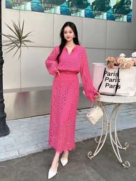 Work Dresses 2024 Spring Autumn Women Vintage Hook Flower Hollow Lace Skirt Suits Elegant Long Sleeve Top And Two Piece Set