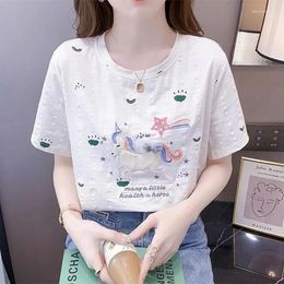 Women's T Shirts Soft Women Fairy Tale Cartoon Cute Embroidery T-shirt Casual Round Neck Loose Summer Tee Y2K Tops Korean Lady All-match