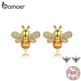 Earrings BAMOER Baby Bee Stud Earrings for Women Fashion Crystal Ear Studs 925 Sterling Silver Jewellery for Girl Antiallergy SCE344