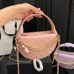 24S Ladies Designer Mini Tote Round Bag Clutch Pouch Bow Decoration Caviar Leather Adjustable Handle Gold Hardware Removable Chain Shoulder Cross Handbag 18x12cm