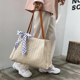 Shoulder Bags SHUJIN Bow Ribbon Lace Women Straw Bag Woven Handbag Purse Crossbody Boho Beach Summer Shopping Travel Totes