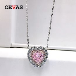 Necklaces OEVAS 100% 925 Sterling Silver 7*7mm Heart Pink Yellow High Carbon Diamond Pendant Necklace For Women Sparkling Fine Jewellery