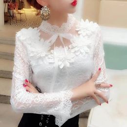 Women's Blouses Lace Blouse Women Long Sleeve Slim White Top Korean Style Fashion Elegant Shirt