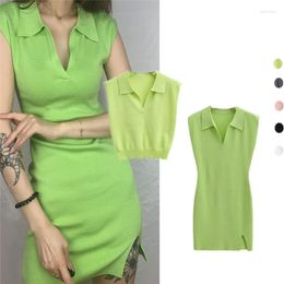 Casual Dresses Stylish Sleeveless Shoulder Expansion Polo Collar Bodycon Dress Tight Waist Temperament Split Fancy Slim Fit Slimming Knitted