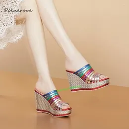 Slippers Fashion Mixed-Color Wedges Heel Retro Round Toe Platform Outside Dress Party Shoes For Women 2024 Summer Sexy