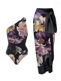 Women's Swimwear Art Oil Painting Floral Print One Shoulder Oblique Design Waist Fold Tight One-piece Swimsuit Fashion 2024