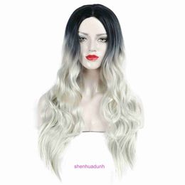 Designer human wigs hair for women New Wig Black Gradient Almond Mid Split Long Curly Rose Inner Mesh Comfortable and Breathable