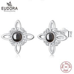 Eudora 925 Sterling Silver Witch Knot Earrings for Women Obsidian Irish Celtic Knot Stud Earrings Witchcraft Jewellery Party Gift 240408