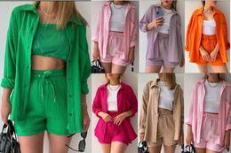 NEW Designer Tracksuits Summer 3 Pieces Sets Women Outfits Sexy Vest Shorts and Long Sleeve Shirt Sportswear Casual Solid Sweatsuits Wholesale Clothing 10989