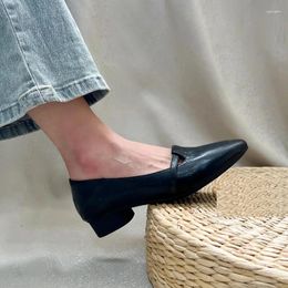 Dress Shoes Women Basic Soft Cowhide Daily Footwear On Thick Heel Slip Work Pumps Genuine Leather Simple Cozy Loafers