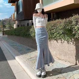 Skirts Blue Denim Skirt For Women 2024 Spring And Summer Style High Waist Mid-length Hip-covering Retro Fishtail