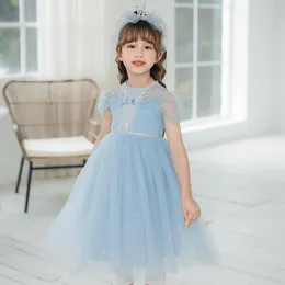 Girl Dresses Fashion Baby Girls Princess Blue Sequin Bowknot Decorated Short Sleeves Gauze A-line