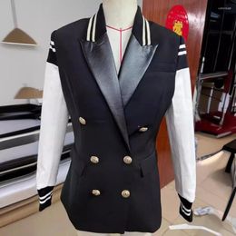 Women's Suits 2024 Fashion Ladies Black And White Mixed Colors Stitching Blazer Double Breasted College Style Leisure Blazers