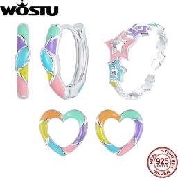 Sets WOSTU 925 Sterling Silver Rainbow Heart Stud Hoop Earrings Rainbow Beads Ring Set for Women Party Gift Colorful Fine Jewelry