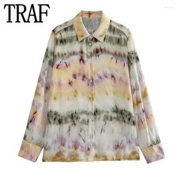 Women's Blouses 2024 Tie Dye Women Shirts And Vintage Long Sleeve Top Casual Summer Loose Streetwear Button Up Shirt