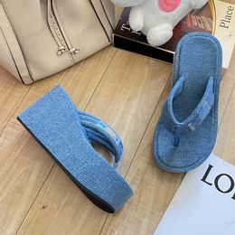 Platforms Slippers Womens Designer Denim Blue Sandal Wedge Flip Flop Round Toes Heels Y2k Thongs Mules Casual Shoe Ladies Quilted Texture Mules Outdoor Recreation