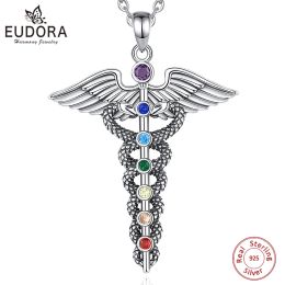 Necklaces Eudora 925 Sterling Silver Caduceus Necklace for Men Women Double Snake Wing 7 chakras Pendant Medical Symbol Jewellery Fine Gift