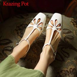 Casual Shoes Krazing Pot Cow Leather Square Toe Hollow Out Low Heels Buckle Straps Slingback Gladiator Ins Rome Ventilate Sweet Sandals