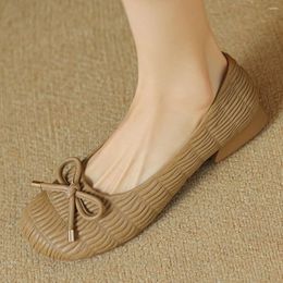 Casual Shoes Plus Size 34-42 Women's Genuine Leather Slip-on Flats Daily Sweet Bowtie Pleated High Quality Soft Comfortable Female Shoe