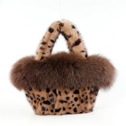 Bags Luxury Women's Fashion Tote Bag 100% Real Mink Fur Handbags Bucket Bag With Fox Fur Trimming