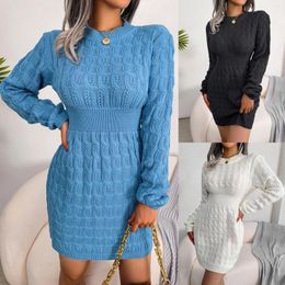 Casual Dresses Autumn And Winter Solid Colour Women's Knitted Sweater Dress Warm Waist Bag Hip Round Neck Bottoming 2024